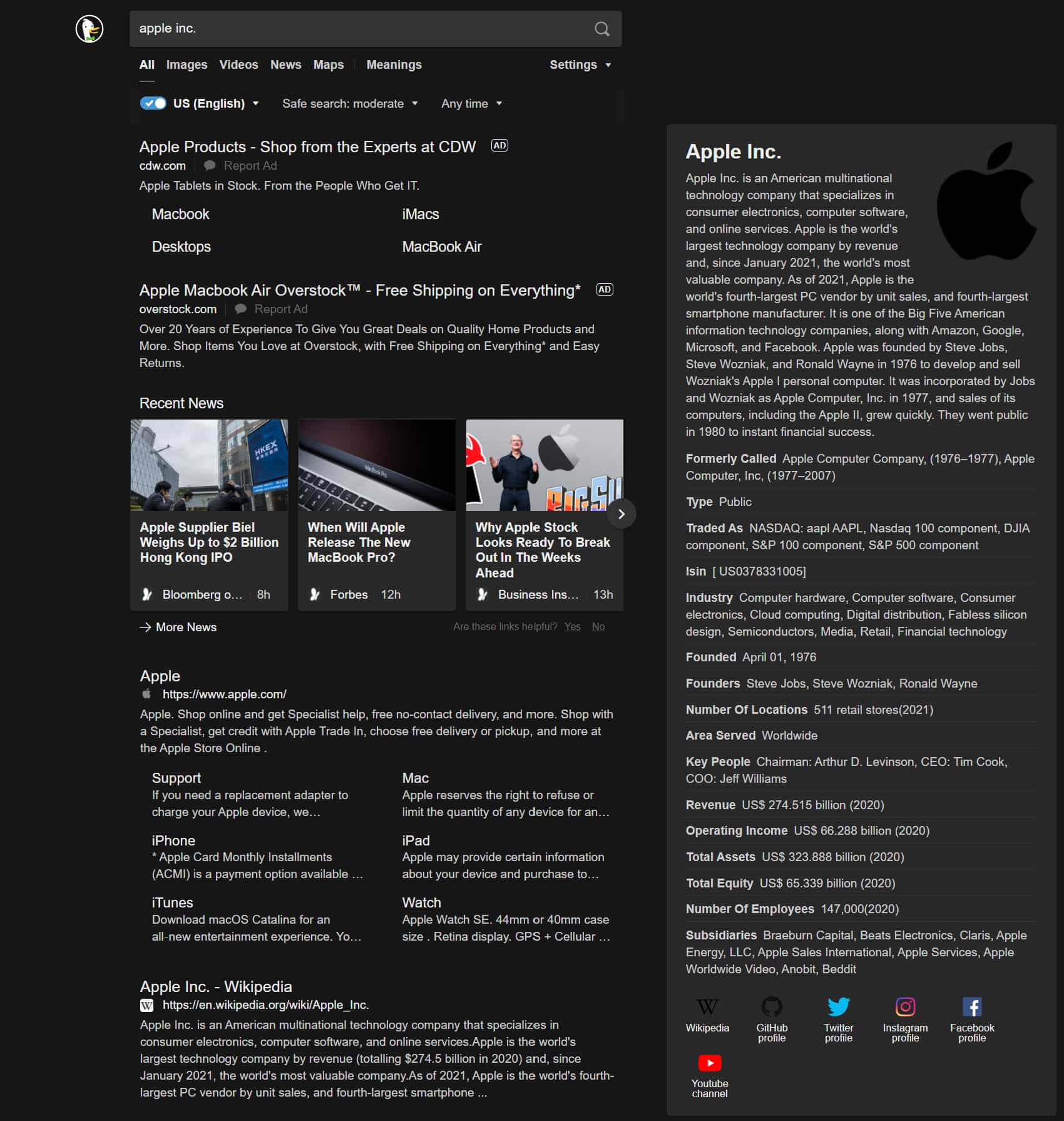 Example results for q: apple