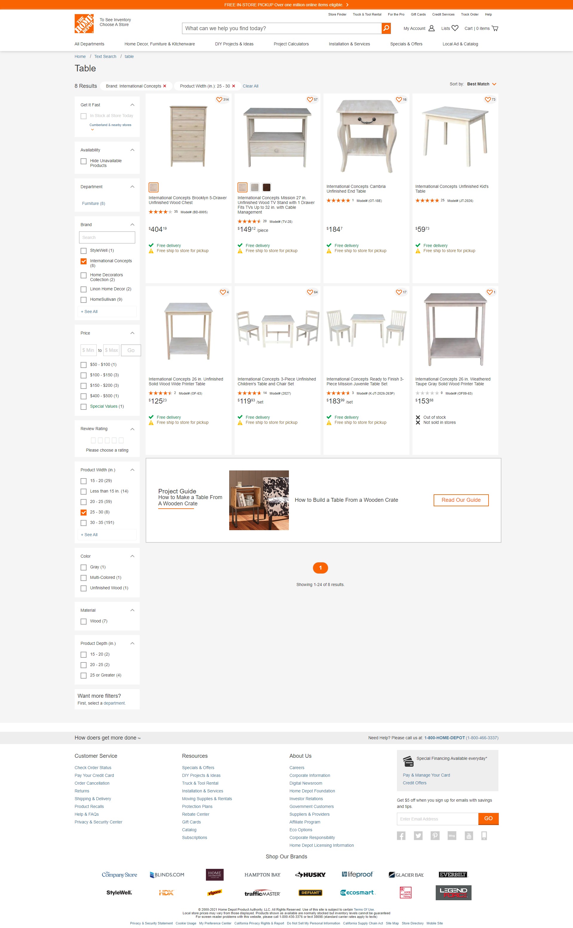 Example results for q: table and hd_filter_tokens: cws,2bcue1 (the Home Depot US)